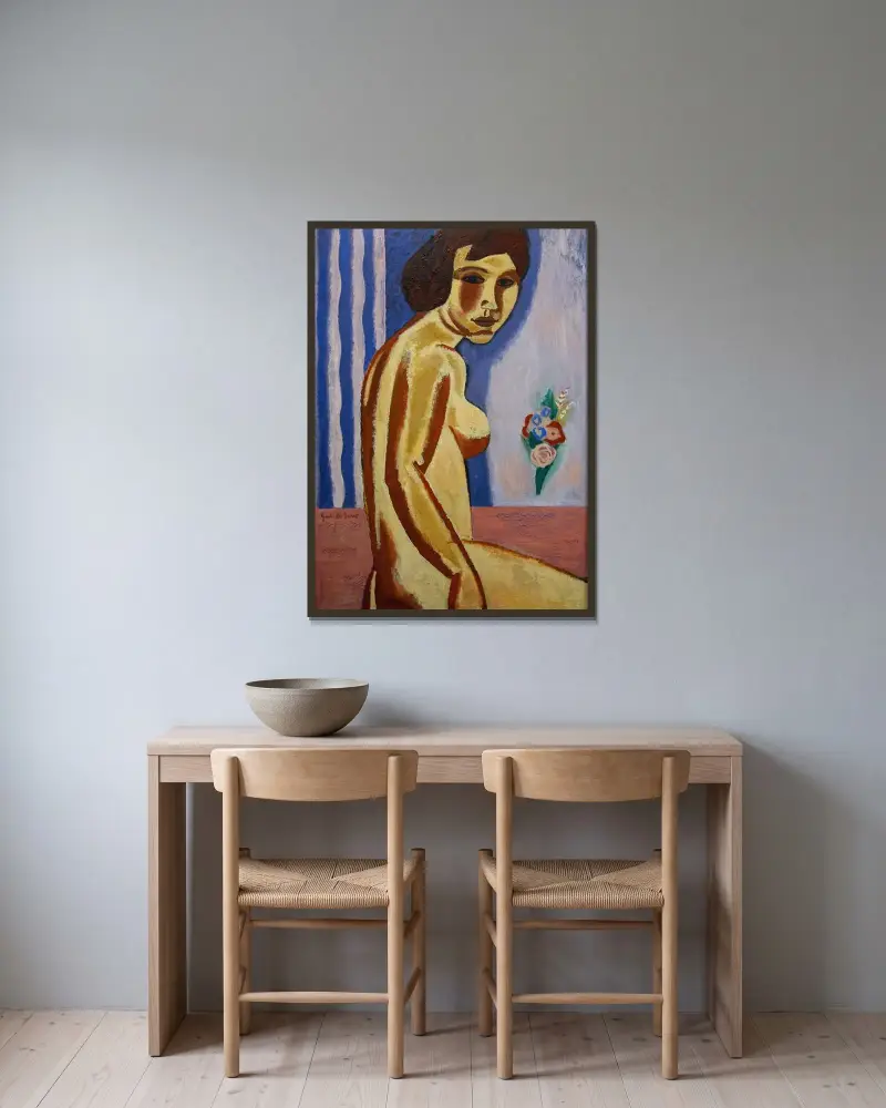 Naken kvinna med blombukett av Gustave De Smet inramad på en vägg
