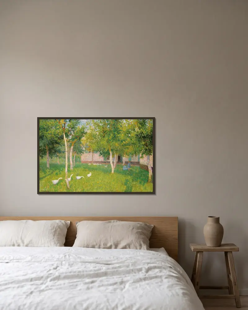 Gäss i en trädgård med två barn av Gustave De Smet inramad på en vägg