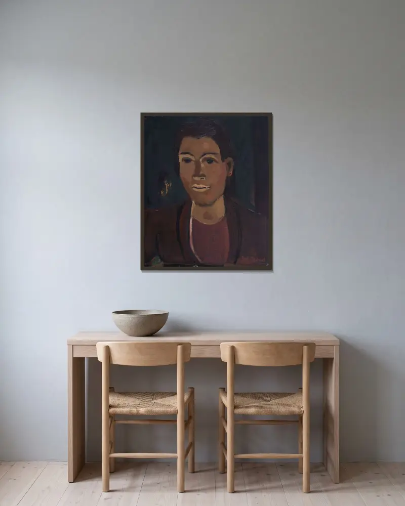 Porträtt av en kvinna av Gustave De Smet inramad på en vägg
