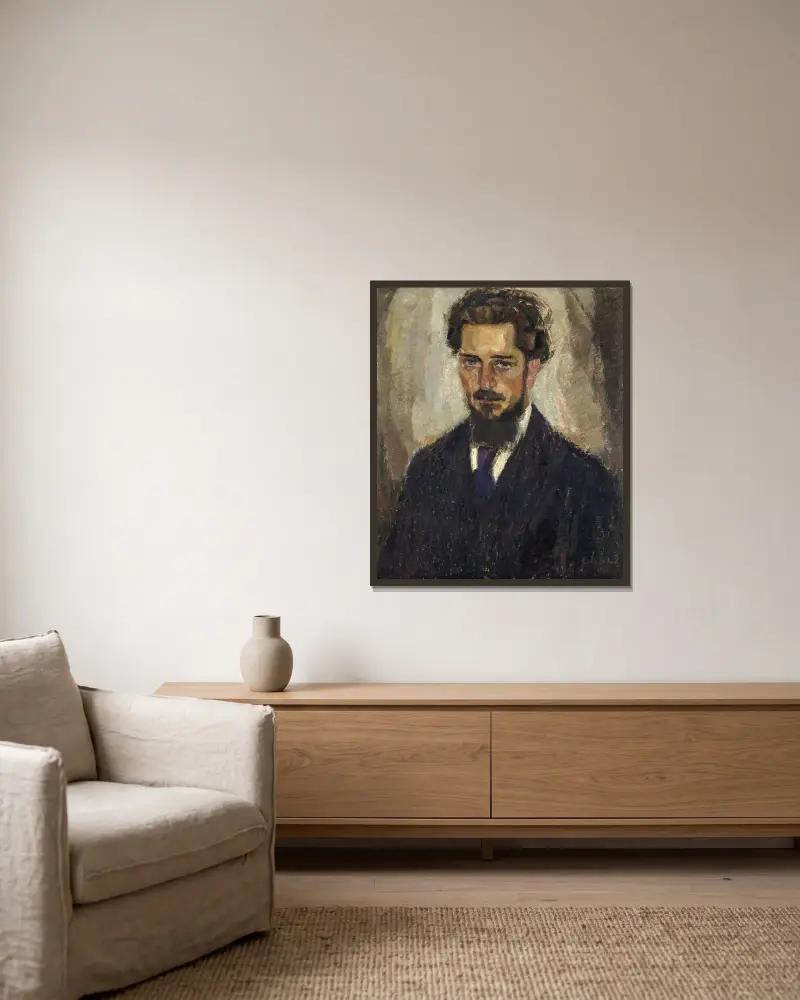 Porträtt av professor Leo Van Puyvelde av Gustave De Smet inramad på en vägg