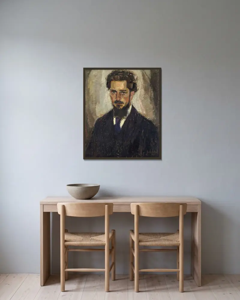 Porträtt av professor Leo Van Puyvelde av Gustave De Smet inramad på en vägg