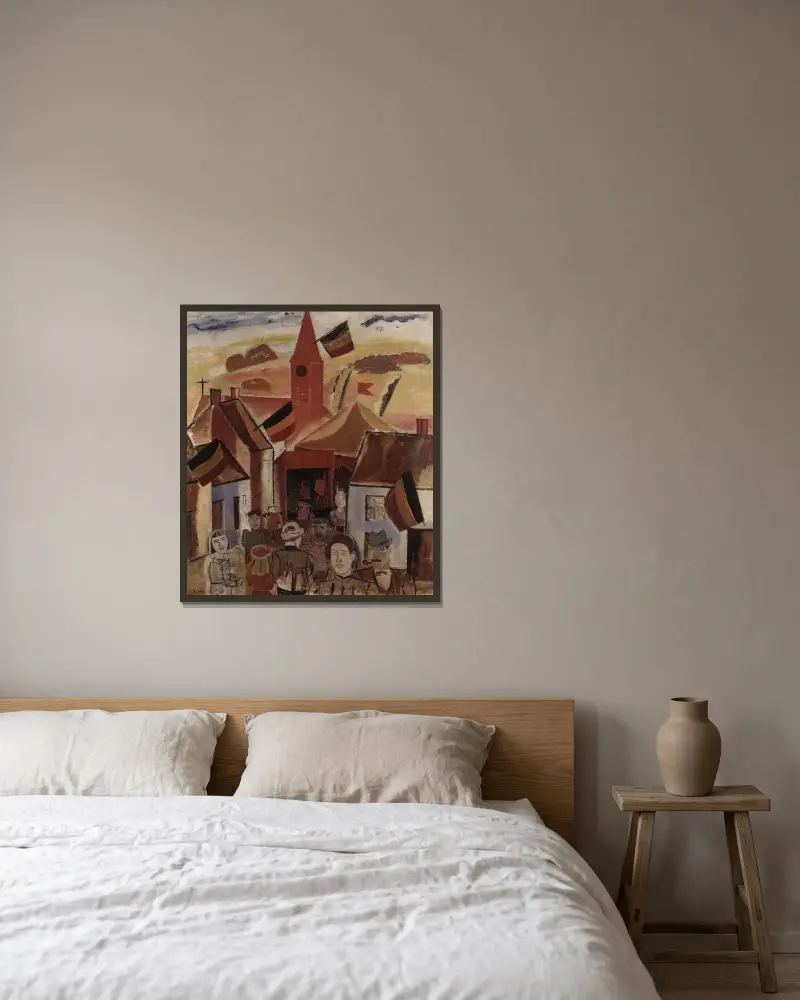 Bymarknad av Gustave De Smet inramad på en vägg