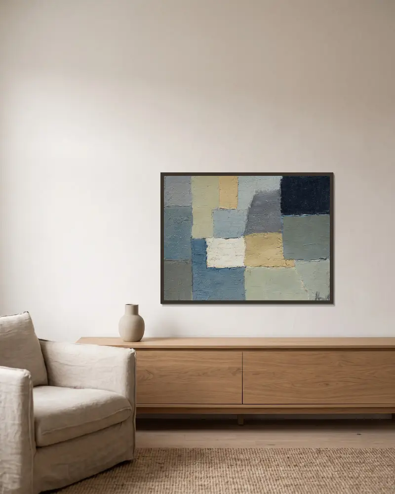Kompozice, 1950, Nicolas De Staël v rámu na stěně