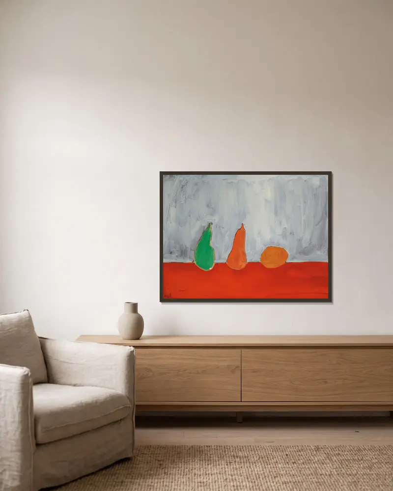 Plody (zátiší, hrušky, šedé pozadí), Nicolas De Staël v rámu na stěně