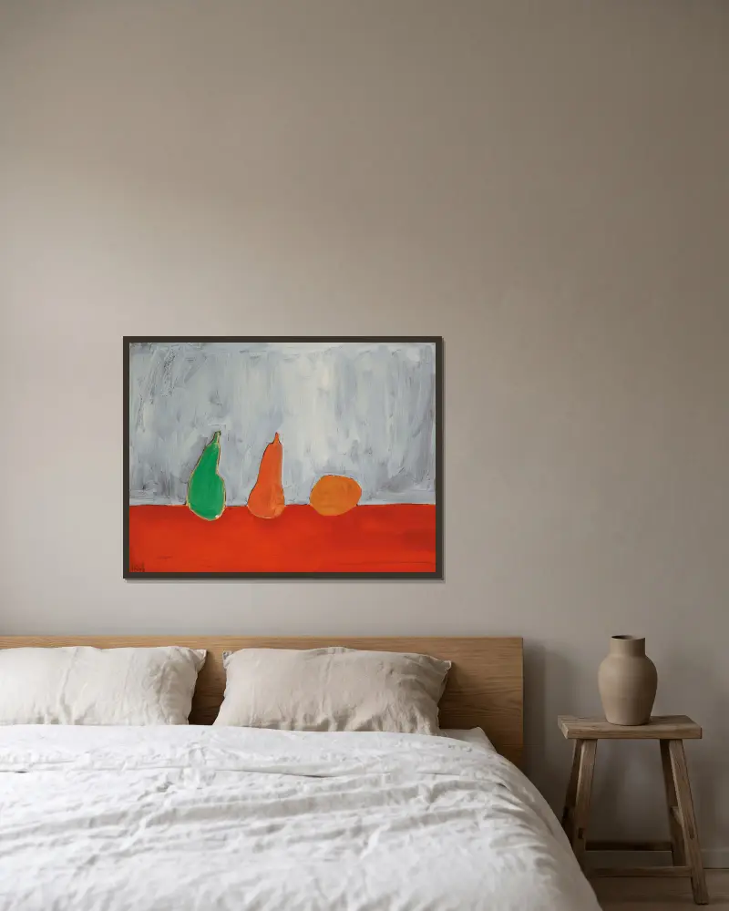 Plody (zátiší, hrušky, šedé pozadí), Nicolas De Staël v rámu na stěně