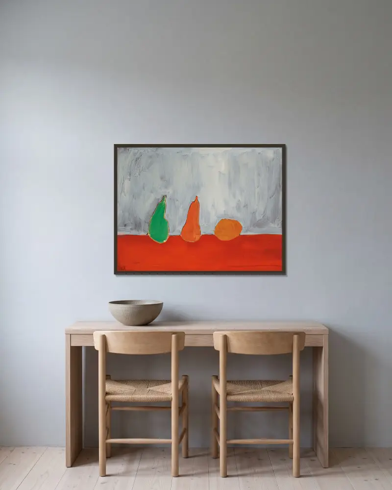 Plody (zátiší, hrušky, šedé pozadí), Nicolas De Staël v rámu na stěně