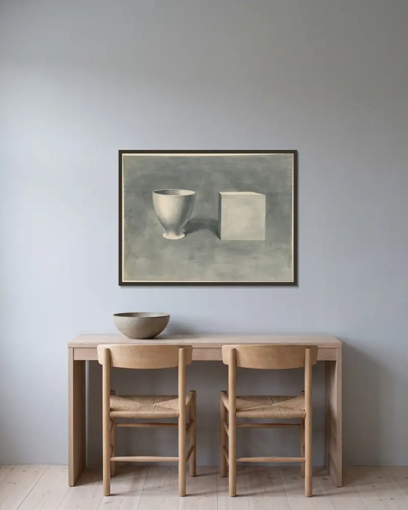 A bowl and a cube seen from the same point of view av David Humbert de Superville inramad på en vägg