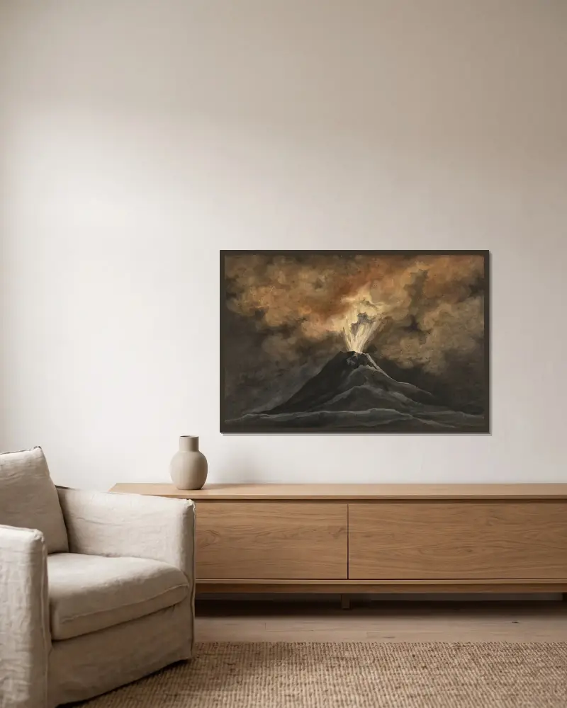 An erupting volcano by night av David Humbert de Superville inramad på en vägg