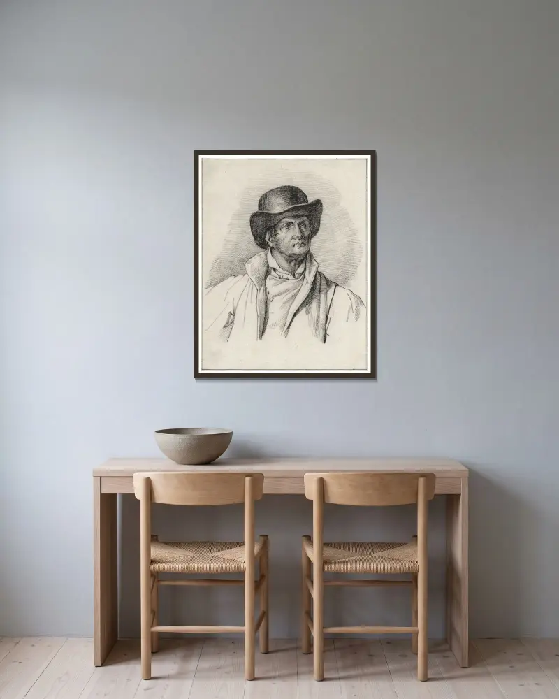 Byst av en okänd man med hatt av David Humbert de Superville inramad på en vägg