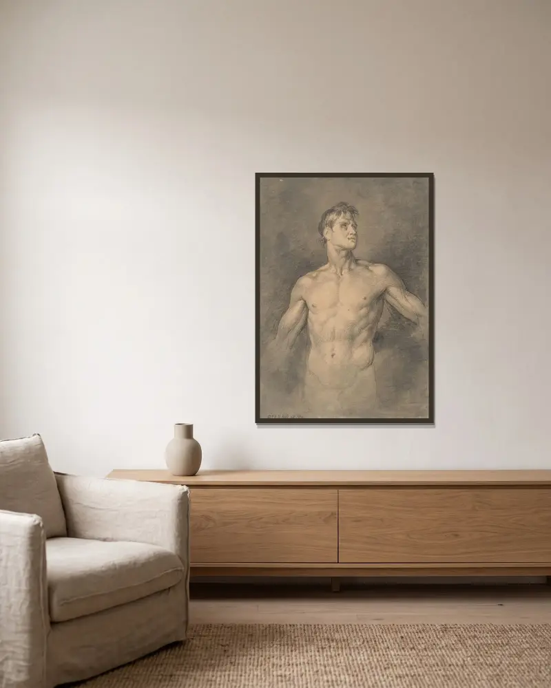 Oberkörper eines nackten Mannes, Arme ausgestreckt von David Humbert de Superville gerahmt an einer Wand
