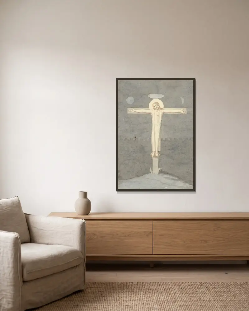 Christus aan het kruis; catacombe-schildering av David Humbert de Superville inramad på en vägg