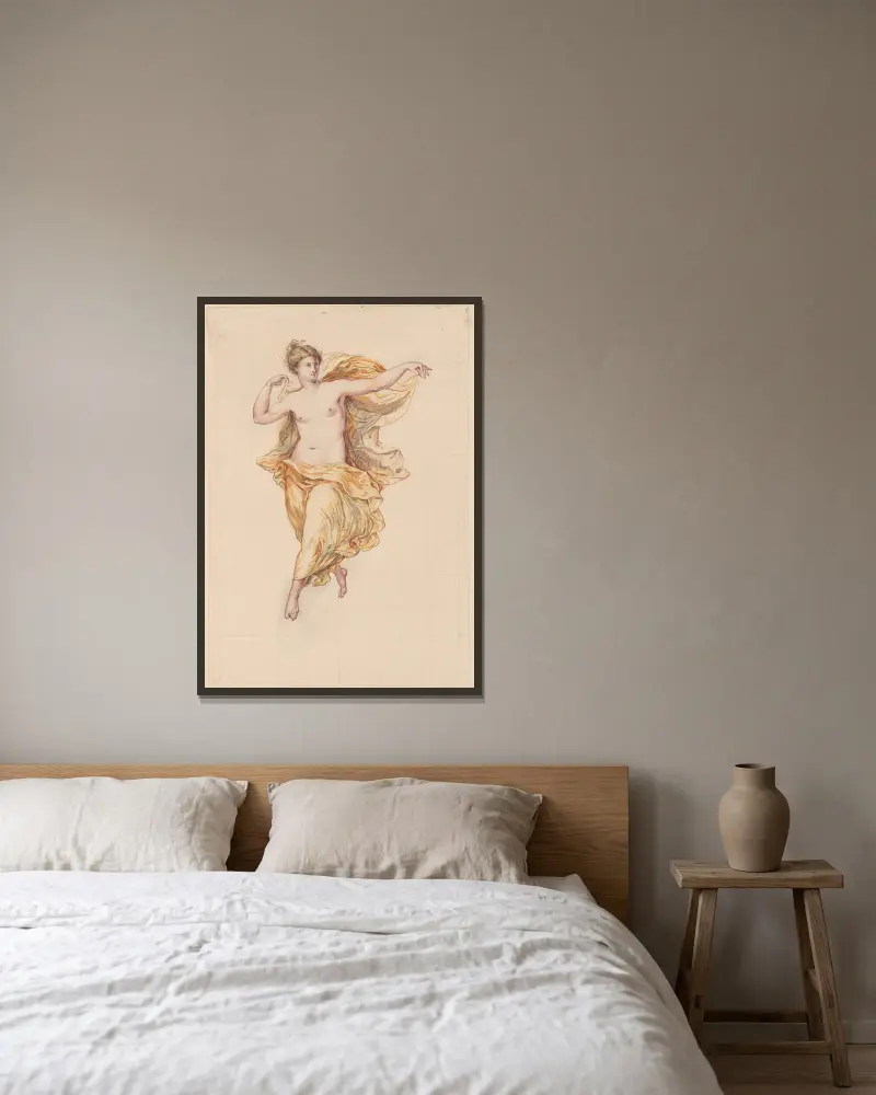 Dancing woman or nymph av David Humbert de Superville inramad på en vägg