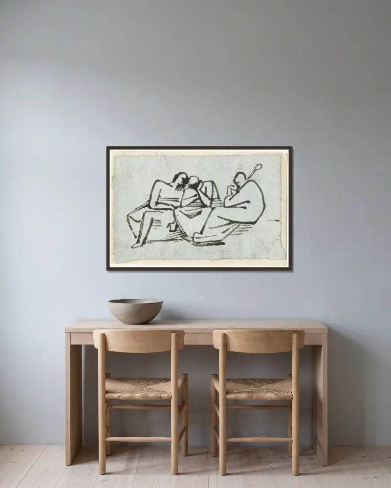 Tre sittande figurer, varav en håller en stav av David Humbert de Superville inramad på en vägg