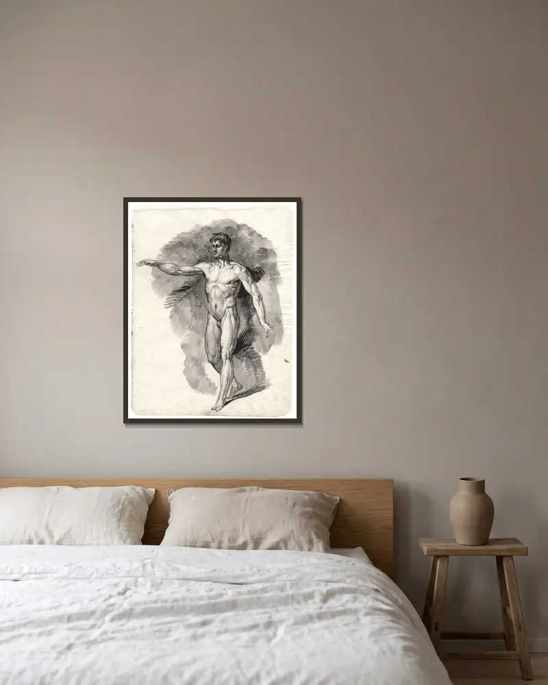Schreitende männliche Aktfigur mit erhobenem Arm von David Humbert de Superville gerahmt an einer Wand