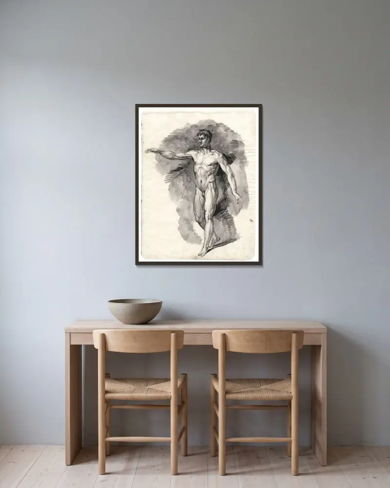 Schreitende männliche Aktfigur mit erhobenem Arm von David Humbert de Superville gerahmt an einer Wand