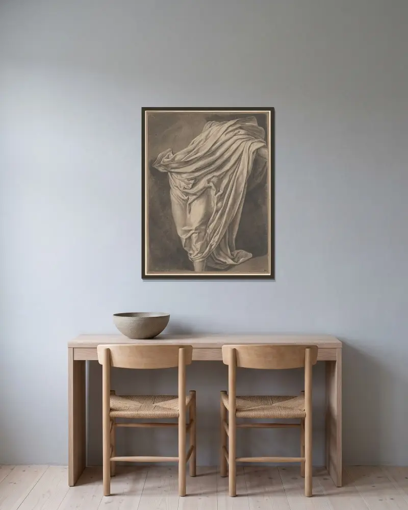 Drapering över delvis tecknad mansfigur av David Humbert de Superville inramad på en vägg