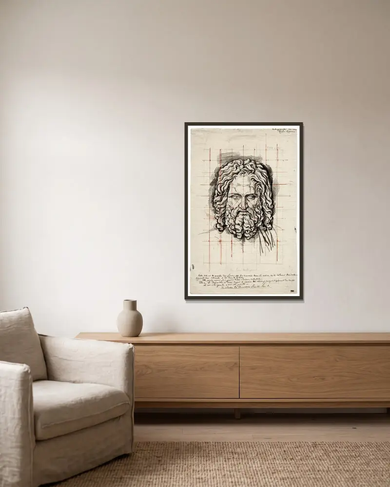 Huvud av Zeus Otricoli av David Humbert de Superville inramad på en vägg