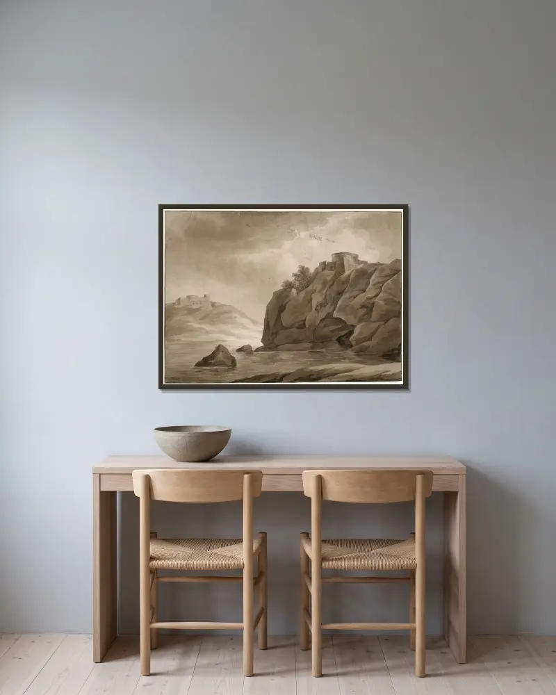Höga klippor med fästning på båda sidor om en flod av David Humbert de Superville inramad på en vägg