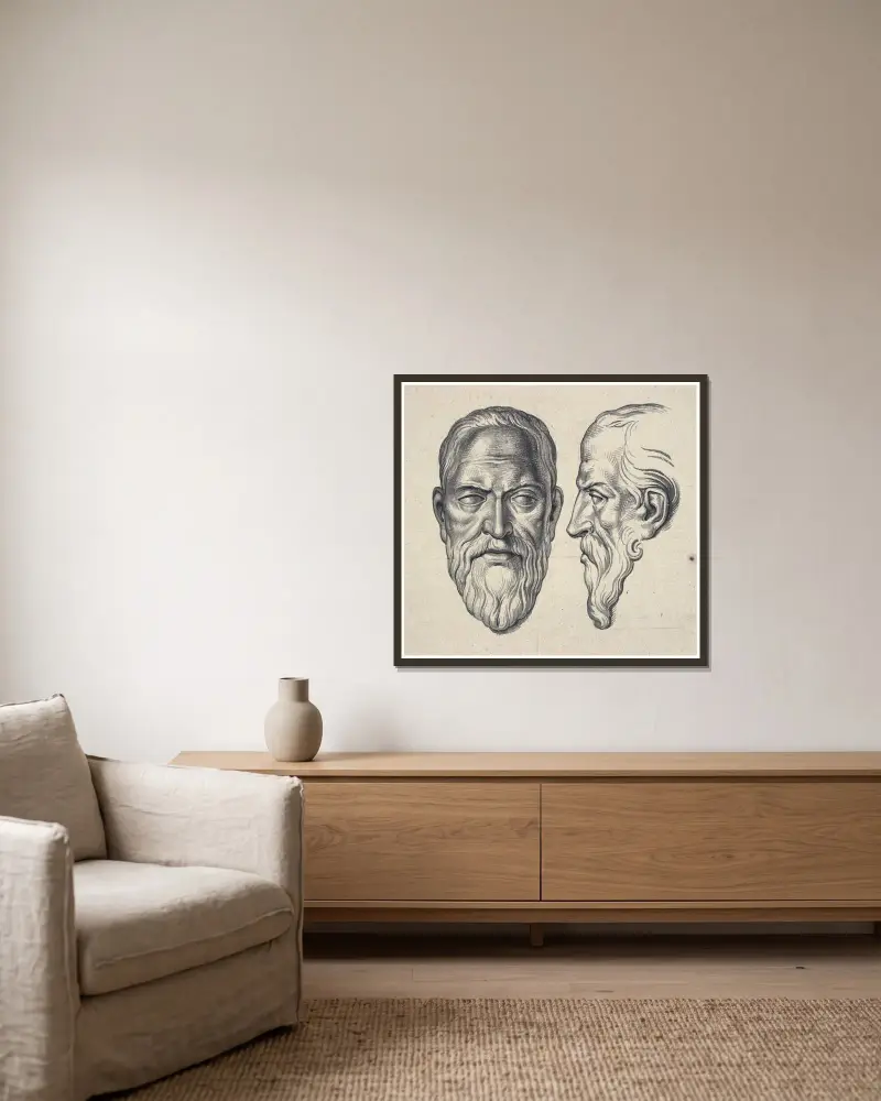 Kopia av Oldenbarnevelt, en face och i profil: skulptur av David Humbert de Superville inramad på en vägg