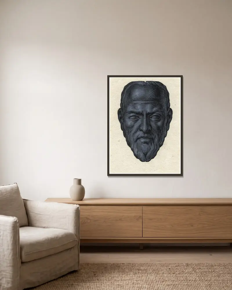 Porträtt av Oldenbarnevelt, framifrån: skulptur av David Humbert de Superville inramad på en vägg