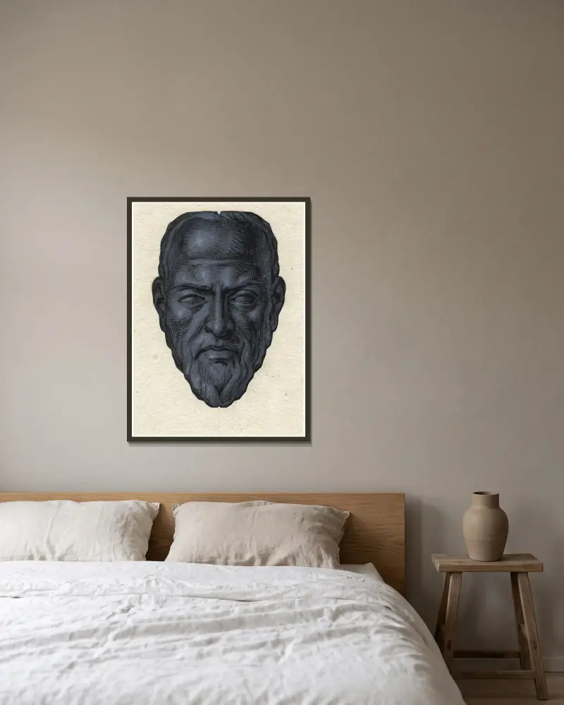 Porträtt av Oldenbarnevelt, framifrån: skulptur av David Humbert de Superville inramad på en vägg