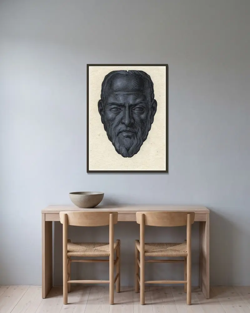 Porträtt av Oldenbarnevelt, framifrån: skulptur av David Humbert de Superville inramad på en vägg