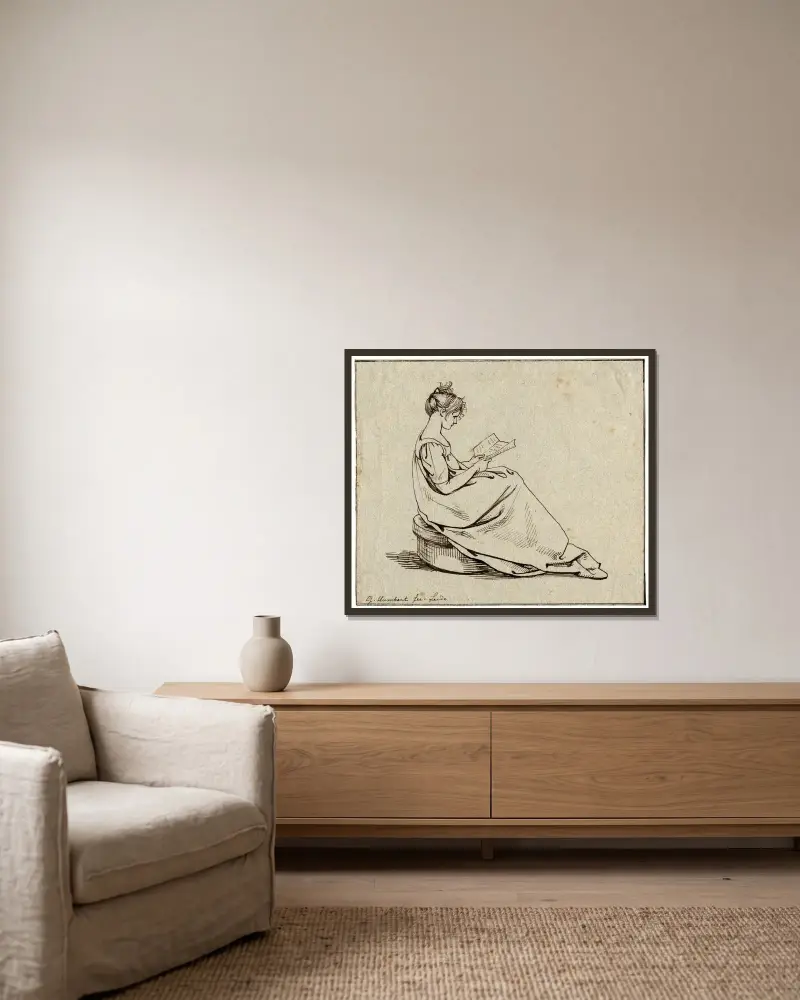 Liegende Frau auf einem Hocker, nach rechts gewandt von David Humbert de Superville gerahmt an einer Wand