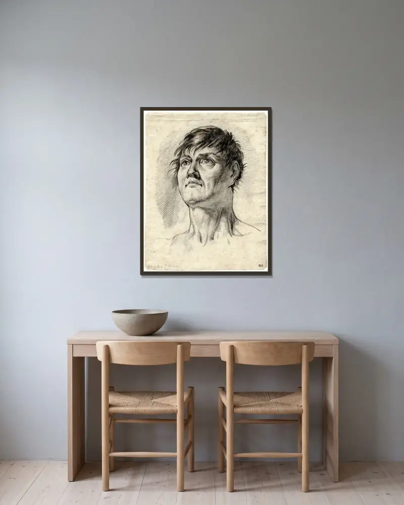 Männerkopf, nach oben blickend, dreiviertel nach links gewendet von David Humbert de Superville gerahmt an einer Wand