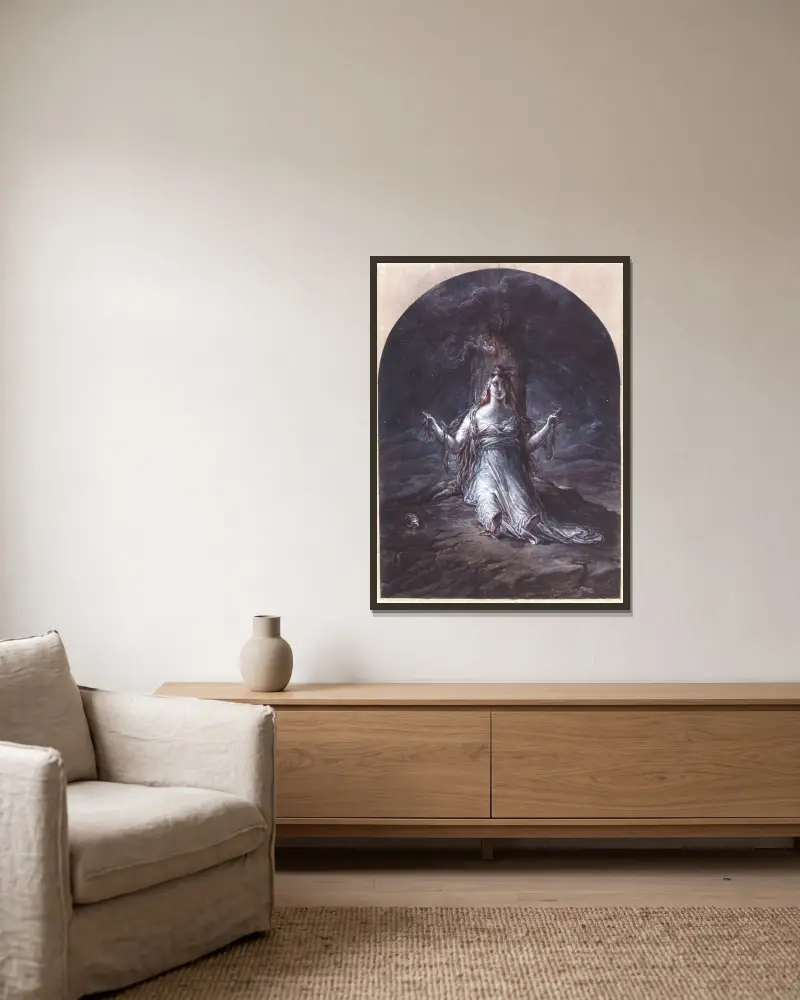 Maria Magdalena am Fuß des Kreuzes von David Humbert de Superville gerahmt an einer Wand