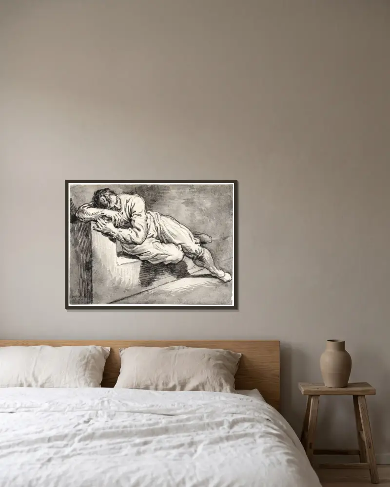 Unbequem auf der Seite liegender Mann auf einer Bank von David Humbert de Superville gerahmt an einer Wand