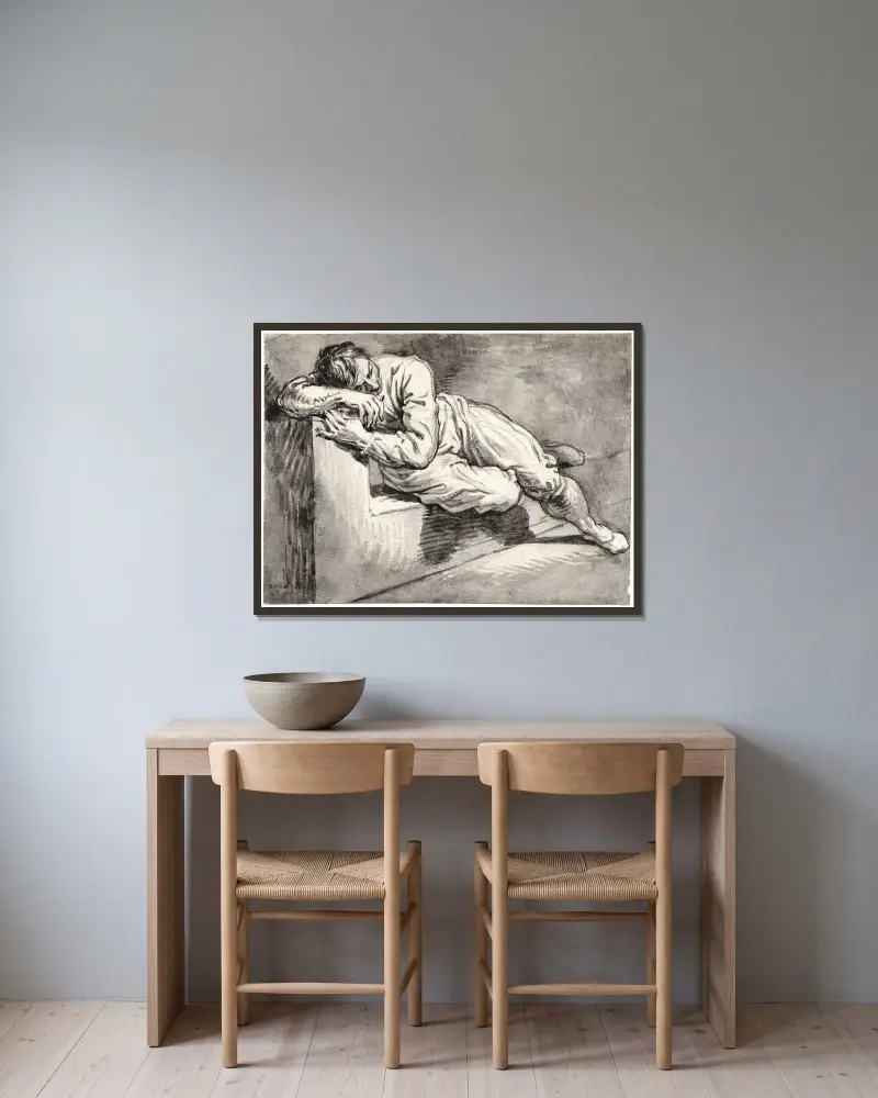 Unbequem auf der Seite liegender Mann auf einer Bank von David Humbert de Superville gerahmt an einer Wand