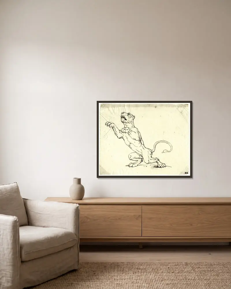 Aufspringender Tiger von David Humbert de Superville gerahmt an einer Wand