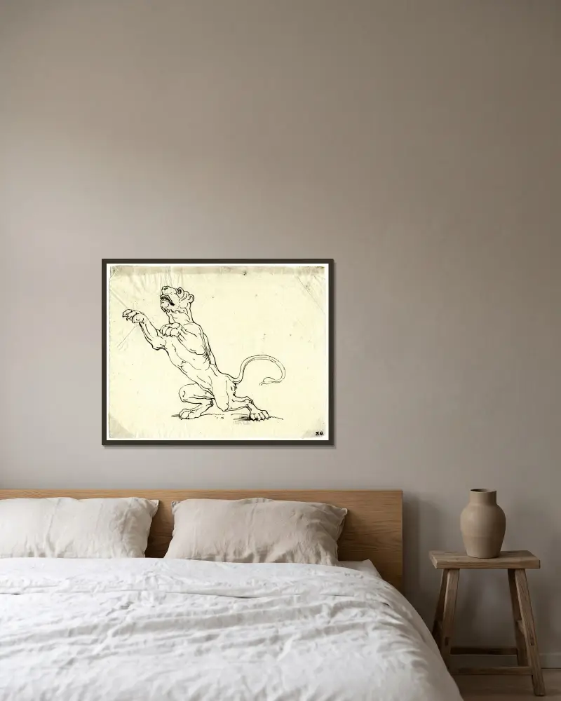 Aufspringender Tiger von David Humbert de Superville gerahmt an einer Wand