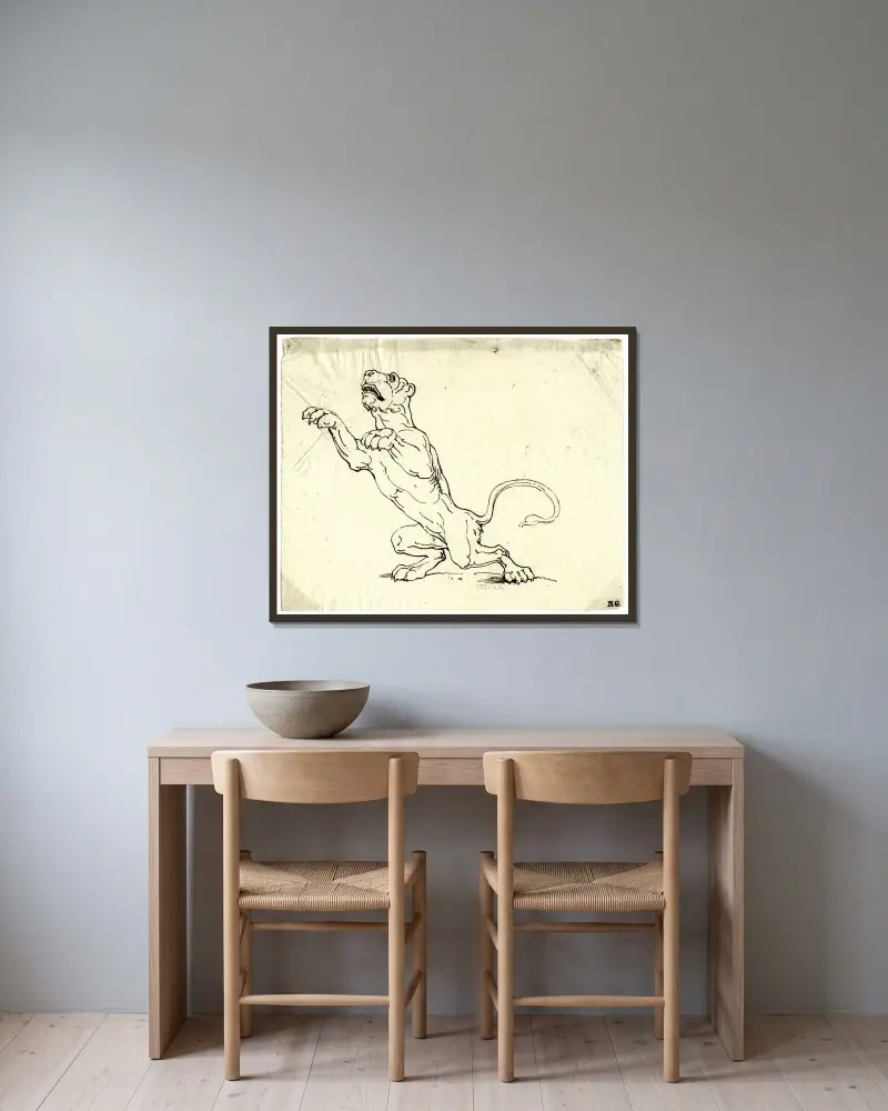 Aufspringender Tiger von David Humbert de Superville gerahmt an einer Wand