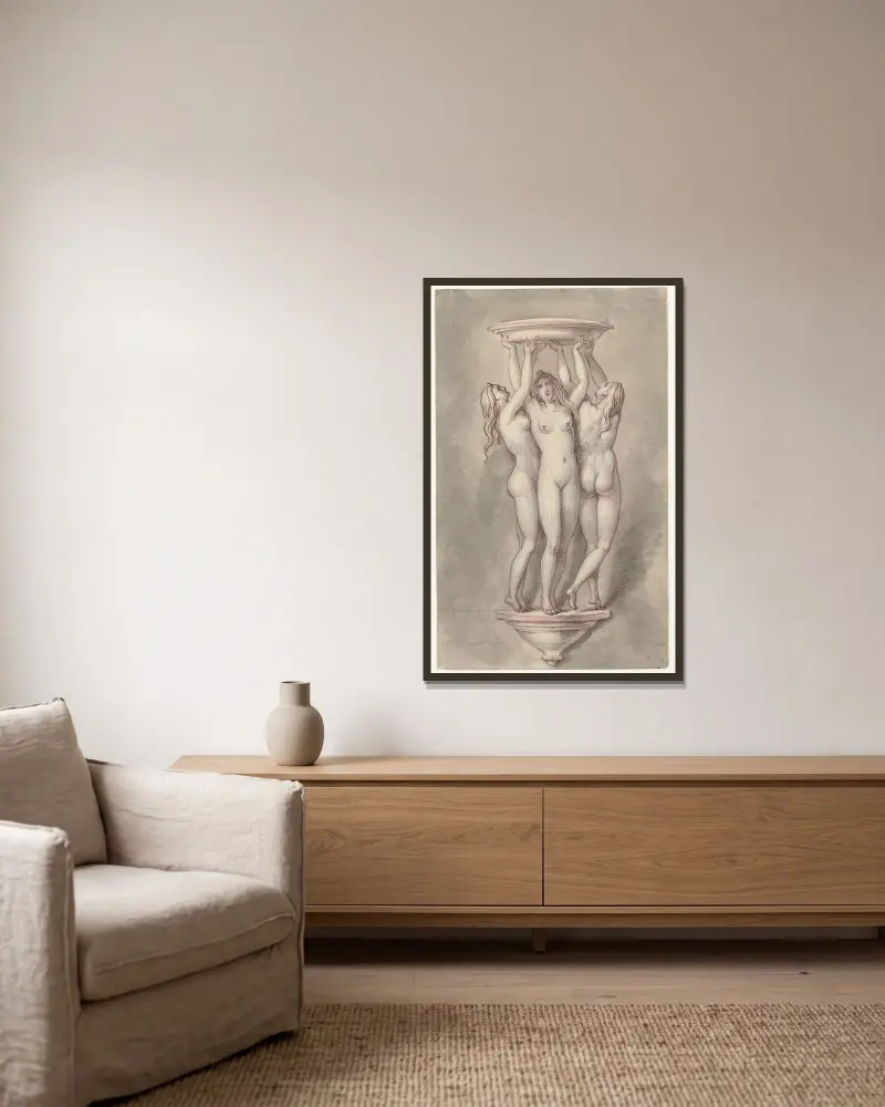 Ornament der drei Grazien mit Schale auf einer Konsole von David Humbert de Superville gerahmt an einer Wand