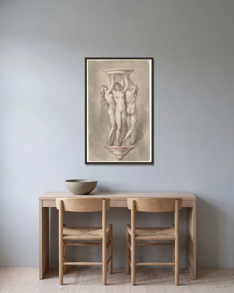 Ornament der drei Grazien mit Schale auf einer Konsole von David Humbert de Superville gerahmt an einer Wand