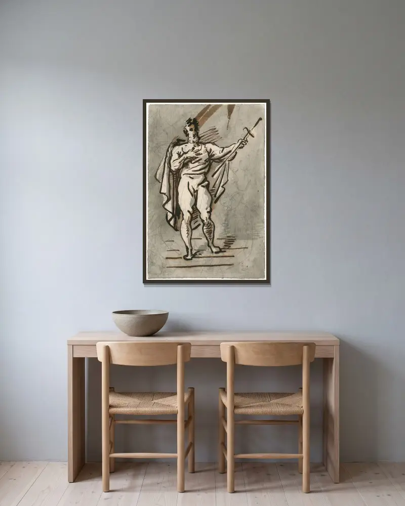 Talande man med mantel och svärd av David Humbert de Superville inramad på en vägg