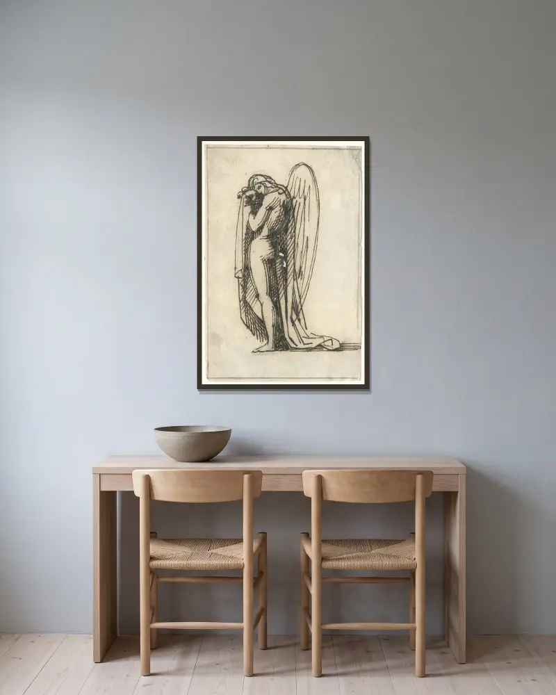 Stående, rustande, bevingad figur av David Humbert de Superville inramad på en vägg