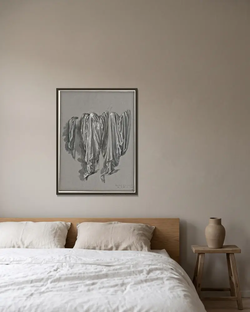 Studie för Kristus på korset, täckt av draperier av David Humbert de Superville inramad på en vägg