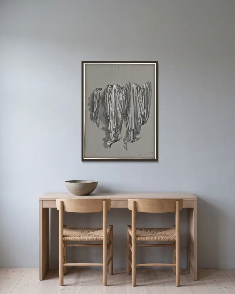 Studie för Kristus på korset, täckt av draperier av David Humbert de Superville inramad på en vägg