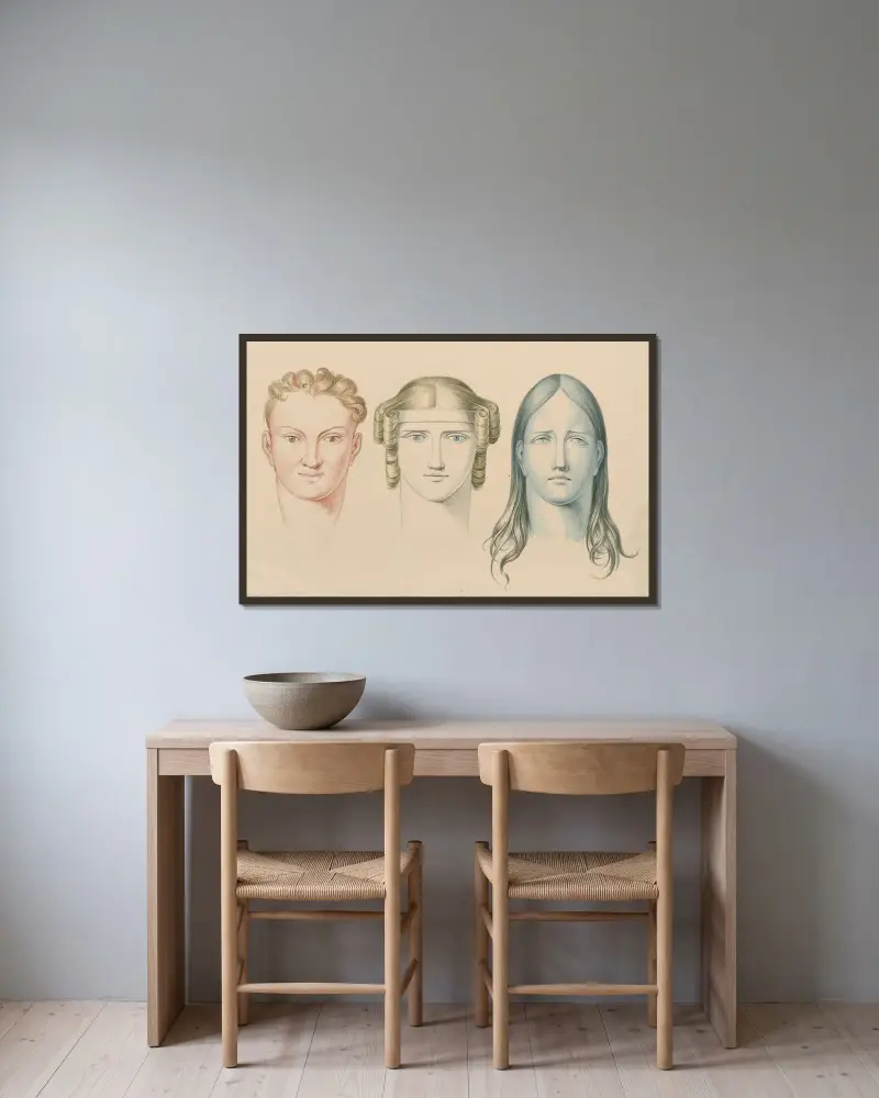 Die Köpfe eines Mannes und zweier Frauen mit aufsteigenden, horizontalen und absteigenden Linien in Kombination mit Farben von David Humbert de Superville gerahmt an einer Wand