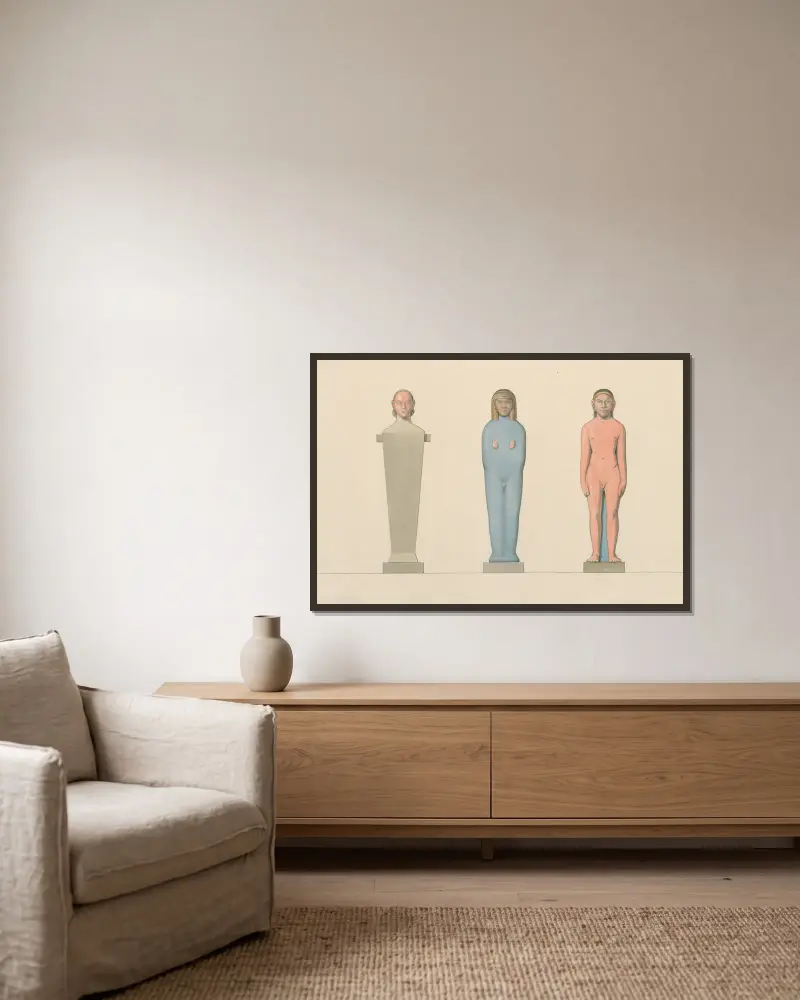 Three statues, showing the evolution of sculpture av David Humbert de Superville inramad på en vägg