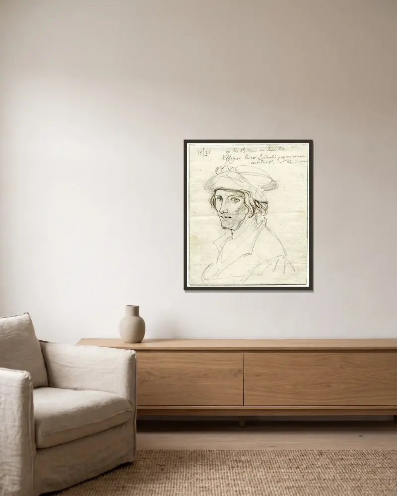 Zelfportret Lucas van Leyden av David Humbert de Superville inramad på en vägg