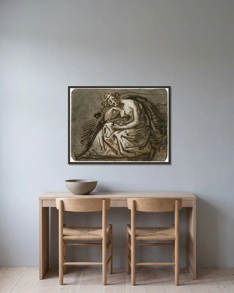 Sitzende trauernde Frauenfigur, von der Seite gesehen von David Humbert de Superville gerahmt an einer Wand