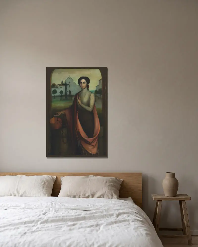 Mädchen am Brunnen von Julio Romero De Torres gerahmt an einer Wand