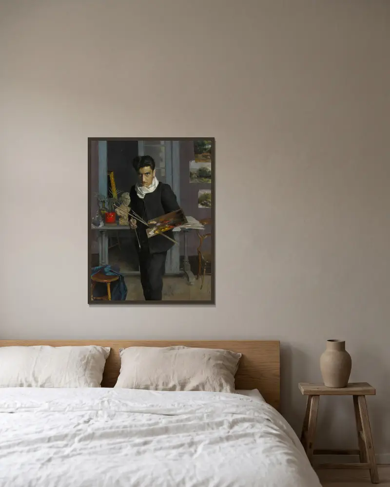 Self-portrait of the artist in his studio av Julio Romero De Torres inramad på en vägg