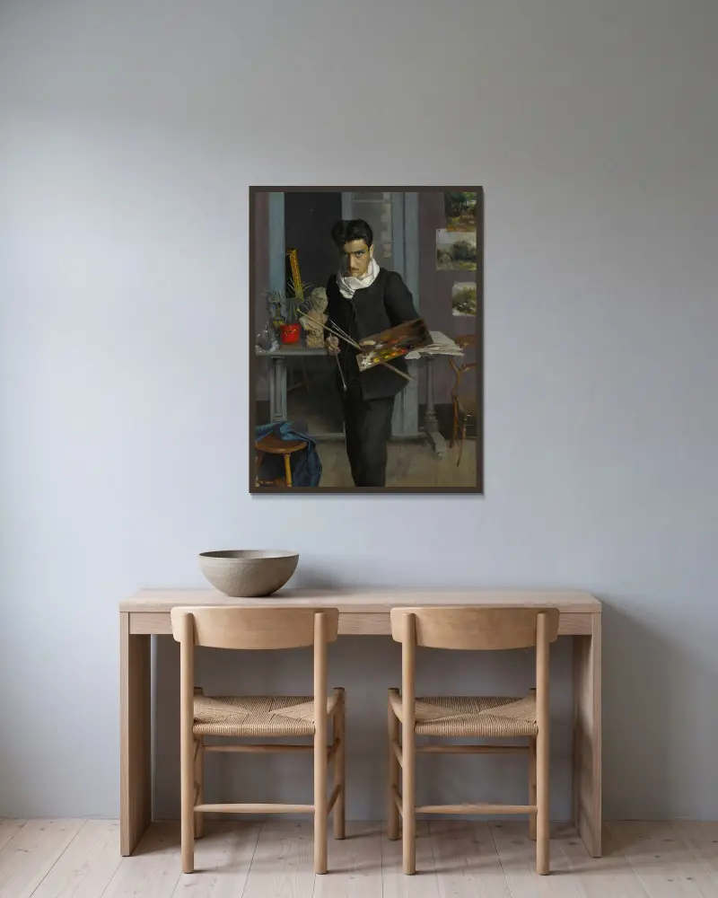 Self-portrait of the artist in his studio av Julio Romero De Torres inramad på en vägg