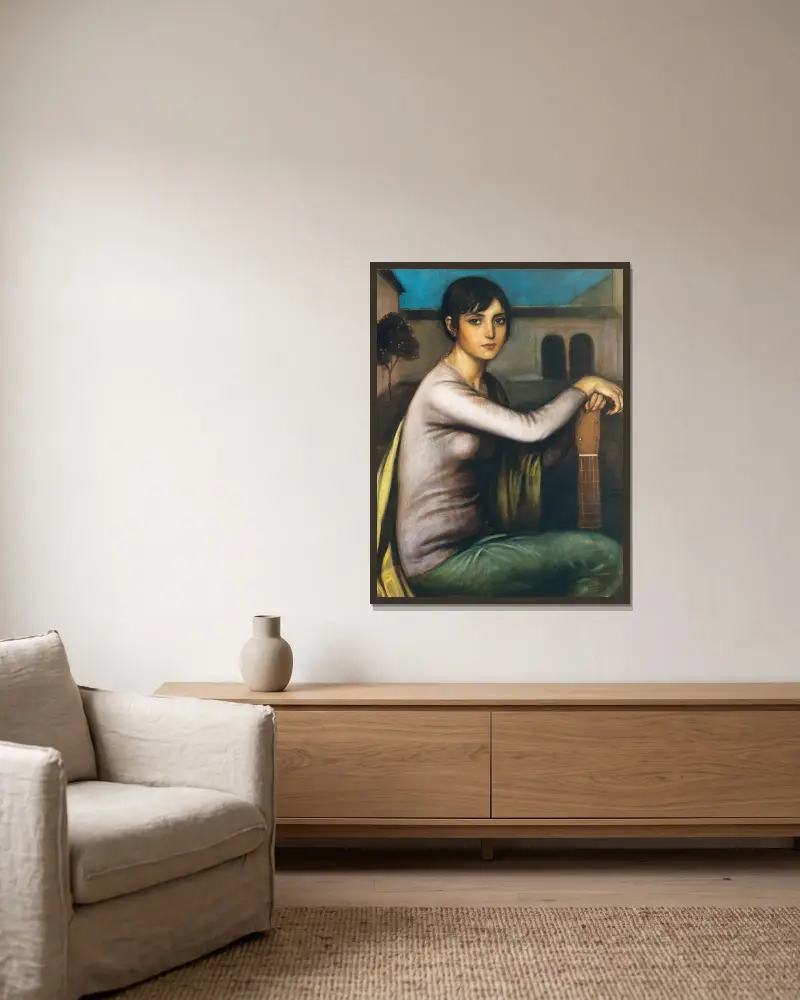 Andalusische Trauer (Melancholy) von Julio Romero De Torres gerahmt an einer Wand