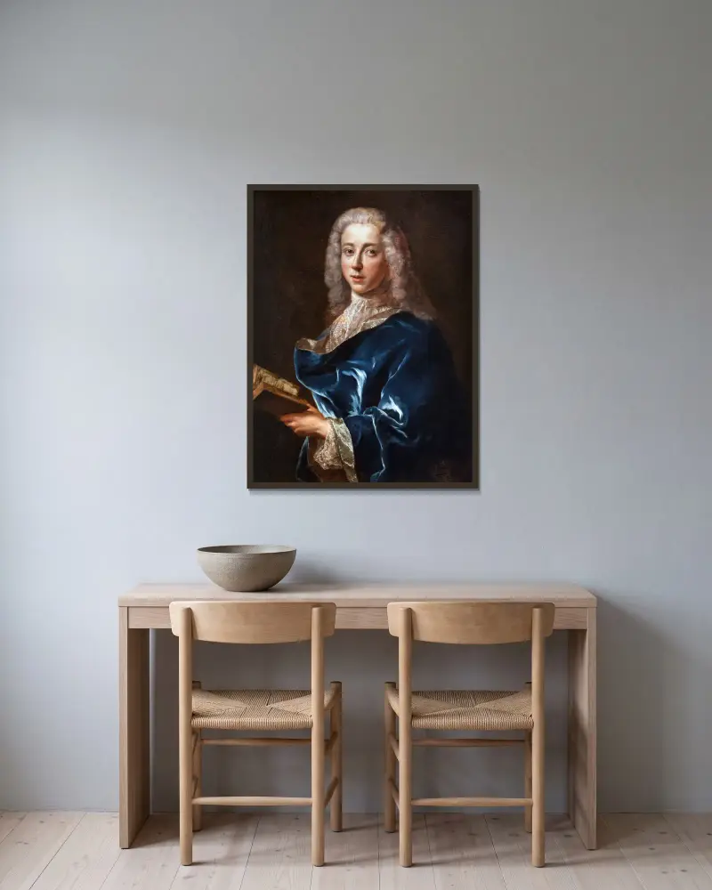 Porträtt av en man i blå kappa med bok av Jean-François de Troy inramad på en vägg