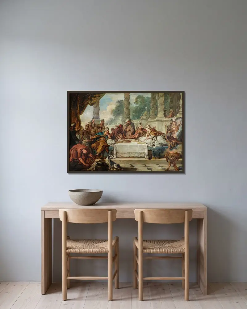 Esthers måltid med Ahasverus av Jean-François de Troy inramad på en vägg